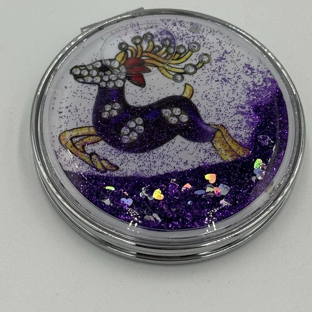 Purple Glittery Compact Mirror Reindeer